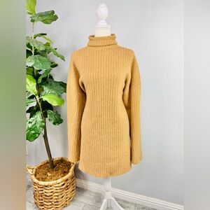 Nanushka Camel Tan Ribbed Knit Mock Neck Bell Sleeve Sweater Dress Tunic